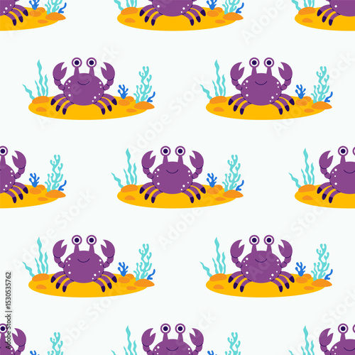 Underwater Seamless Pattern. Cute Crab and Sea algae, sandy seabed on White Background. Vector Illustration. Kids collection