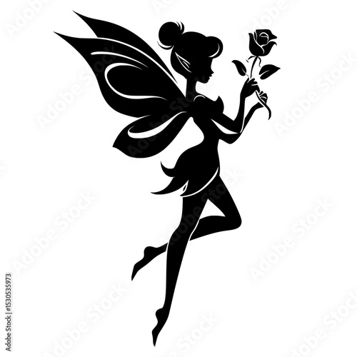 She envisioned a 2D illustration of a beautiful fairy with long blotted wings, thoughtfully flying upwards while stretching her slender legs