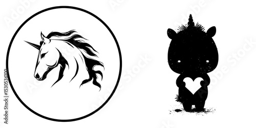 A contemporary card featuring an adorable unicorn, along with a magical unicorn poster and greeting card, showcasing a black unicorn silhouette set against a white background