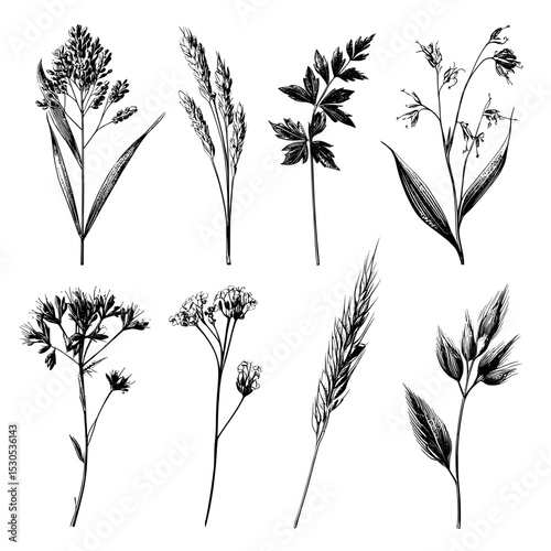 A modern bundle of silhouettes featuring the ground with grass, flowers, spikelets, and trees is presented in realistic black and white, comprising hand drawn isolated illustrations suitable for
