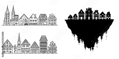 A black and white silhouette of a suburban town in Nordic European America features a skyline with double decker and three-storey houses