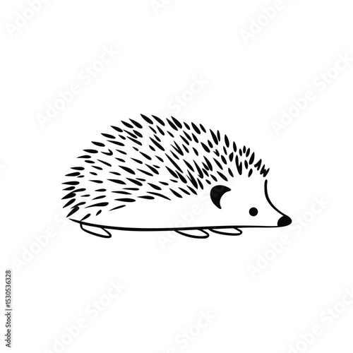 A small, monochrome hedgehog with a simple style stands on a white background