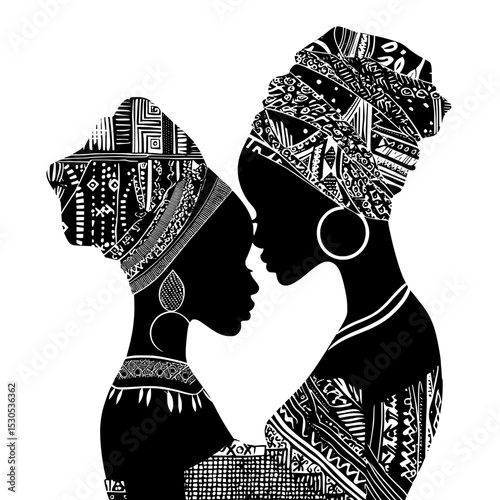 Beautiful black women are photographed in profile, donning head wraps that accentuate their silhouettes