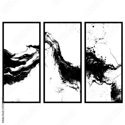 Abstract textures of black marble or epoxy on white, combined with graphic prints that incorporate trendy liquid ink stains for a stylish look