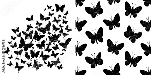 A modern image depicting a harmonious flock of black butterflies in silhouette form on white