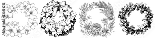 A black and white wreath of mistletoe is set against a white background framed with Christmas flowers