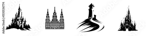 A castle featuring towers is represented as a modern icon by its black silhouette set against a white background
