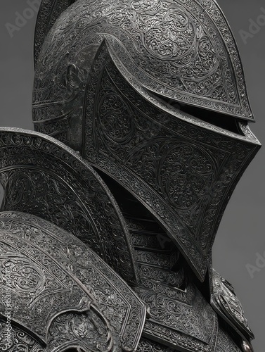 Close-up view highlights the intricate patterns and textures of a helmet and pauldrons, reflecting skilled craftsmanship of historical armor photo