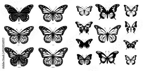 A collection of monarch butterfly silhouettes is presented in a modern illustration style against a white background