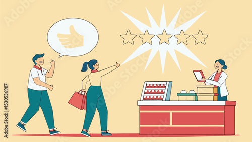 Customers giving five star rating to store with cashier and product display in a positive shopping experience
