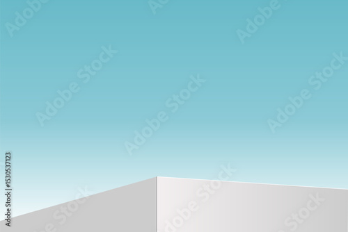 The corner of the white podium with bright blue sky, Blank white product studio background, stage, podium for presentation vector illustration design for display cosmetic or beauty product.