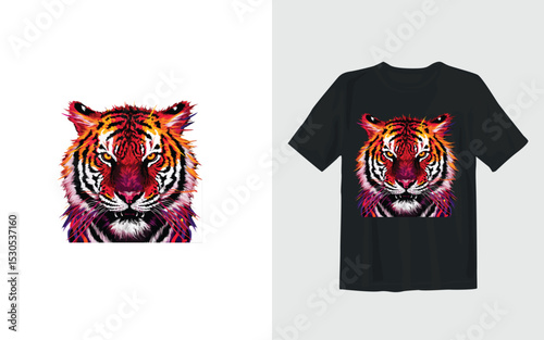 Colorful Tiger Head Illustration and T Shirt Mockup Design Template
