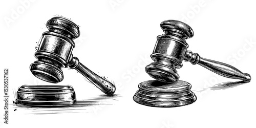 A modern judge's gavel in silhouette form is isolated on a white background, filled with black, symbolizing court and justice