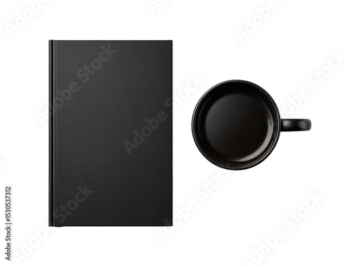 A black notebook and coffee mug, isolated on black