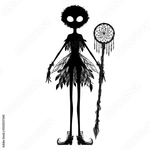 She is a forest sorceress, depicted as a black silhouette of a fairy girl, with a slender figure, dressed in a leaf-made gown and shoes featuring a twisted toe, while carrying a dreamcatcher staff,