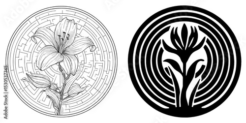 A stylized black and white silhouette of a blooming flower emerging from a circular spiral maze, reminiscent of ancient Minoan designs, featuring a papyrus plant and lily blossom