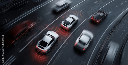 Multiple vehicles navigate a multi-lane road showcasing clear lanes. The scene captures an early evening atmosphere as cars move forward. Red and white lights create visual effects of motion.