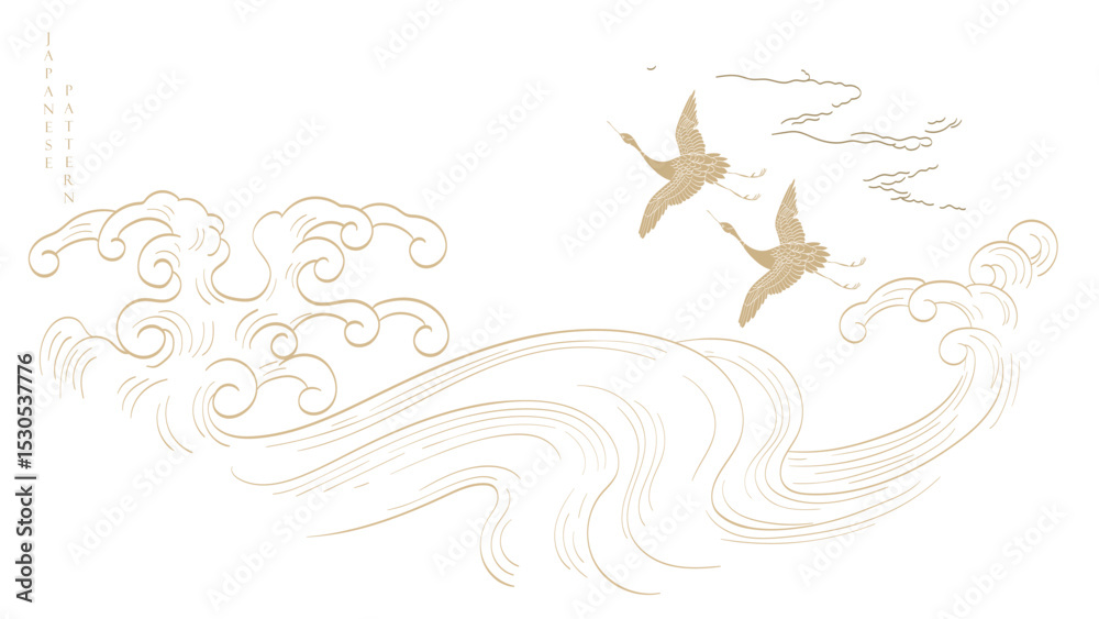 Obraz premium Japanese background with line crane birds and ocean sea pattern vector. Abstract template with geometric wave pattern in oriental style