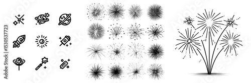 Firework icons come in a set, including those with stars and sparks isolated on a white background and simple black line firework icons