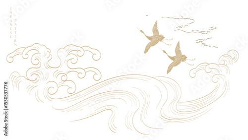 Japanese background with line crane birds and ocean sea pattern vector. Abstract template with geometric wave pattern in oriental style