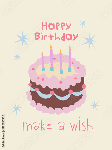 Vertical birthday greeting card and party invitation. Festive postcard for celebrating with vintage cake, champagne, flower and text. Make a wish. Funny flat hand drawn birthday card design