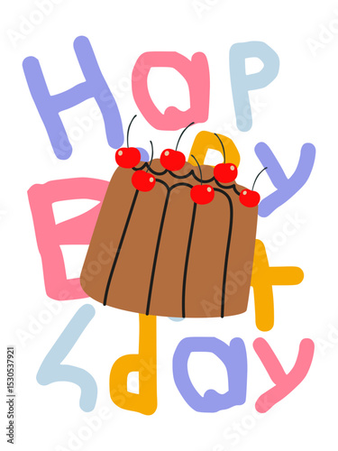 Vertical birthday greeting card and party invitation. Festive postcard for celebrating with vintage cake, champagne, flower and text. Make a wish. Funny flat hand drawn birthday card design