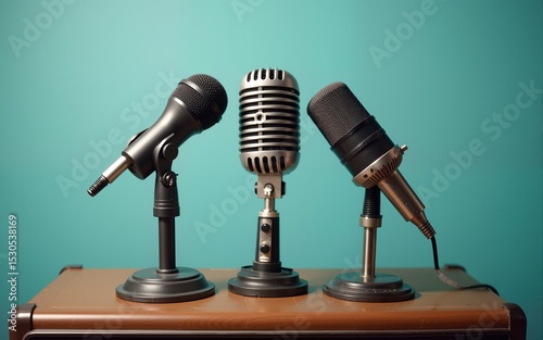 Retro classic microphones for press conference or interview on wooden TV stand and old case front mint blue background. Vintage style filtered photo. High quality
