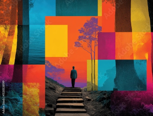 A person walks along a path surrounded by a collage of neon geometric shapes. The vibrant colors contrast with the serene backdrop of trees and water, creating an engaging atmosphere