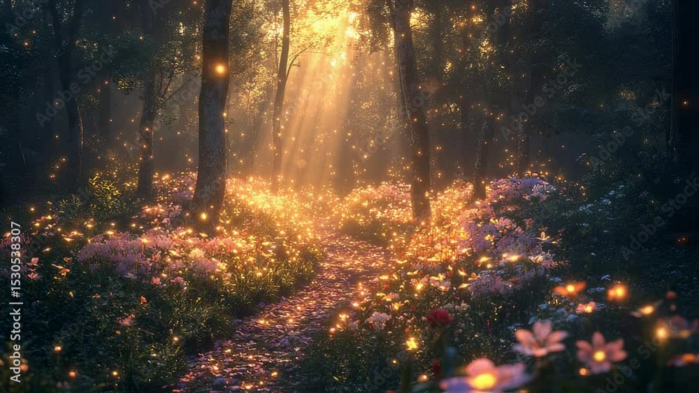 Enchanted woodland trail bathed in ethereal light and scattered blossoms Enchanted woodland trail bathed in ethereal light and scattered blossoms