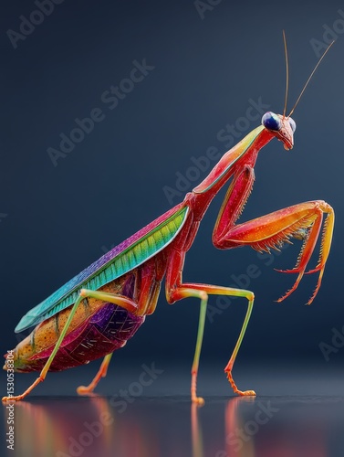 A striking praying mantis showcases its vivid red and green body on a dark surface. Its vibrant colors and detailed features highlight its unique appearance and habitat