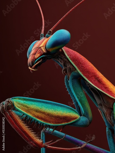 A unique praying mantis displays its colorful red and green body while resting still against a contrasting dark background, highlighting its striking features and texture