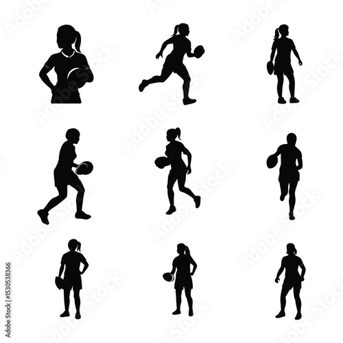 Ladies Rugby Player Silhouette Set Vector Design.