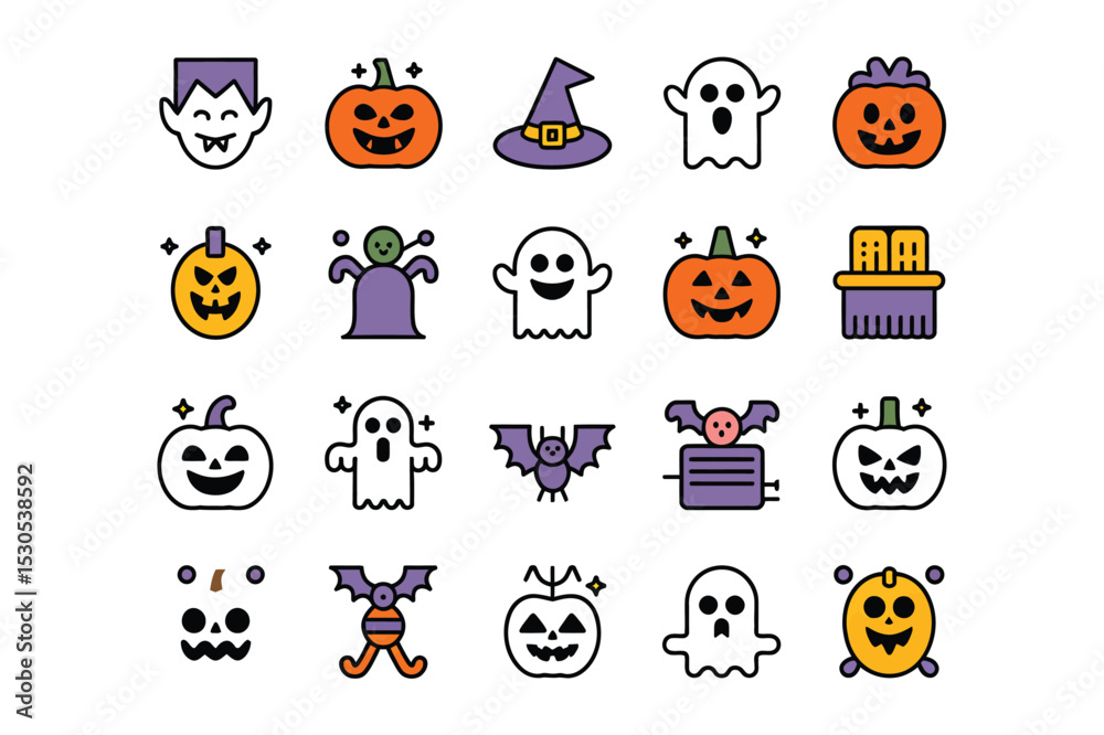 Obraz premium Seamless cartoon vector pattern featuring a fun Halloween pumpkin icon set with cute skull and animal illustrations