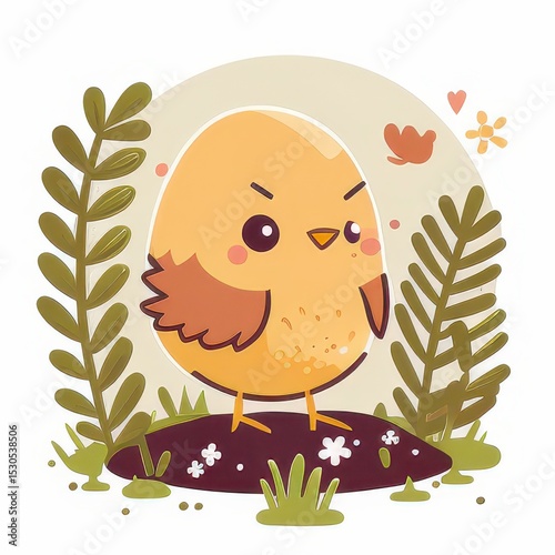 A cheerful chicken stands proudly on a grassy hill. Its vibrant yellow color contrasts with the green plants and colorful flowers around. This playful design captures a joyful, sunny atmosphere