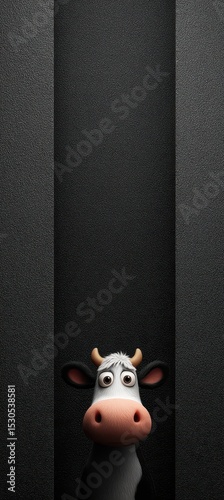 A cute cow appears from the bottom of a plain dark background, showing its curious eyes and playful expression. The setting creates a sense of intrigue and whimsy