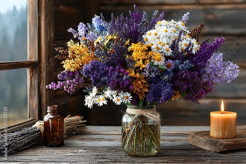 Natural floral centerpiece with summer flowers high resolution image