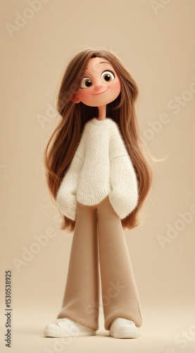 A girl with long, flowing hair stands happily, wearing a soft white sweater and comfortable pants. She exudes joy and comfort in a warmly lit indoor space