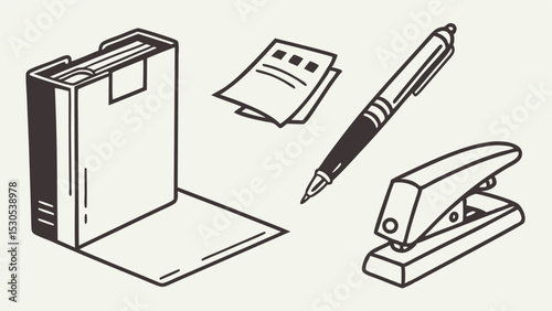 Illustration of a desk organizer with a book, papers, pen, and stapler in black and white style drawing