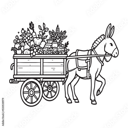 donkey cart traditional rural transportation vector line art