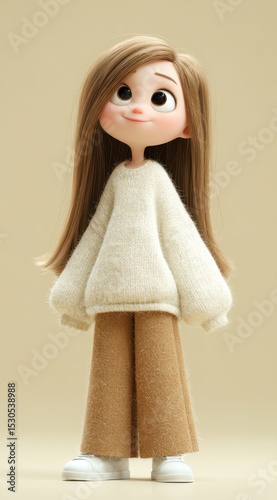 A cute girl with long hair is wearing a cozy white sweater, smiling gently. She stands in a neutral-toned space, radiating warmth and charm, perfect for creating friendly vibes