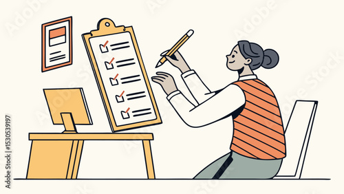 Illustration of a woman completing a checklist at a desk with a computer and wall hanging art piece