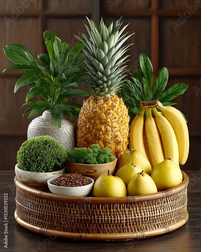 Natural fruit arrangement in wicker basket photo