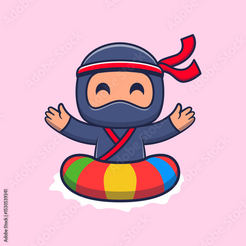 Cute Cartoon Ninja with Inflatable Ring on Summer Vacation