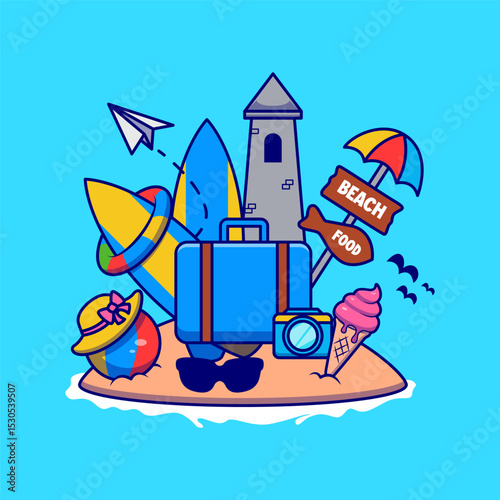Cartoon Illustration of Beach Vacation Elements in Summer Theme