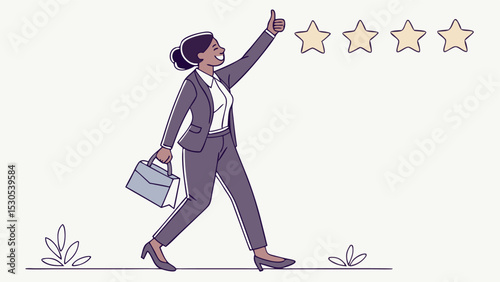 Businesswoman in suit walking with briefcase giving thumbs up next to rating stars on a white background