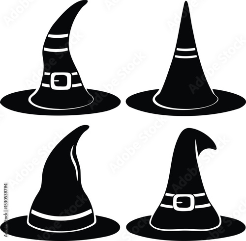 Black and White Vector Illustration of Four Unique Witch Hat Designs