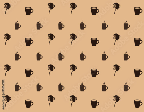 Pattern of coffee cups and steaming mugs on beige background