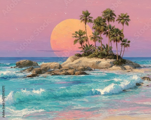 Vibrant colors fill the sky as the sun sets over a tranquil ocean beach. Palm trees stand tall amidst gentle waves rolling onto the shore, creating a peaceful atmosphere