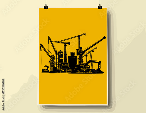 Silhouette illustration of construction machinery on yellow background