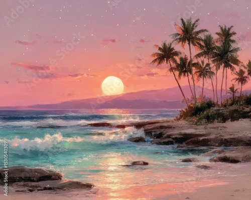 A serene ocean beach is illuminated by a vibrant sunset, featuring palm trees silhouetted against the colorful sky. Gentle waves lap at the shore, creating a peaceful atmosphere